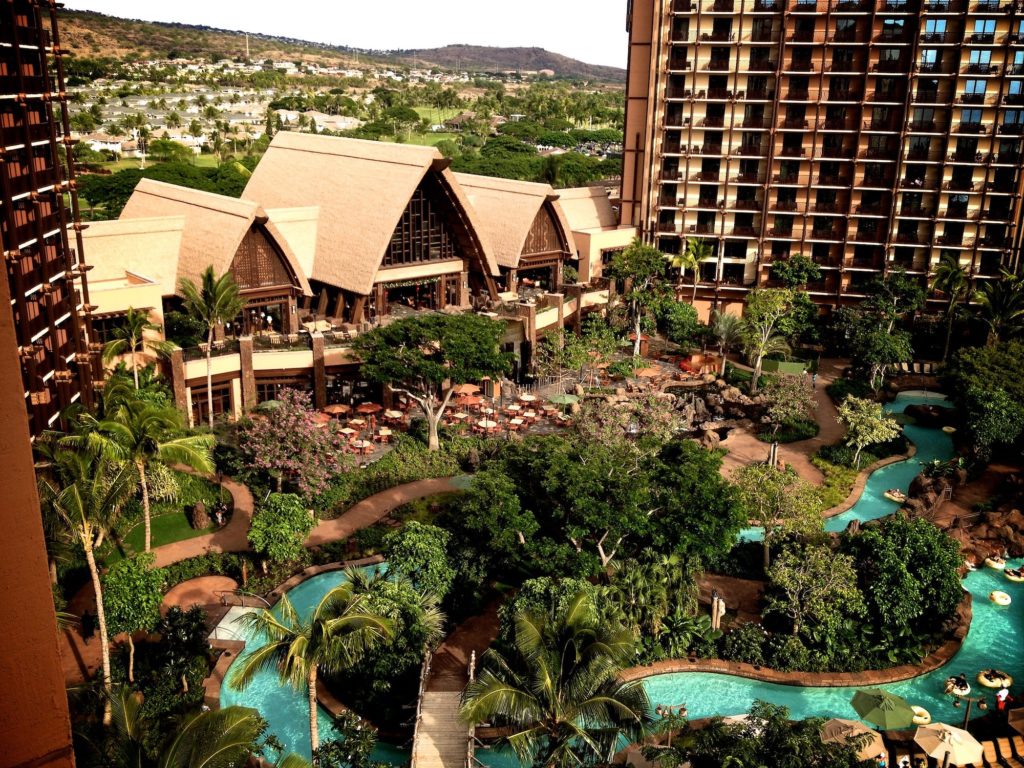 Disney DVC Aulani Hawaii Resort aerial view of resort lazy river
