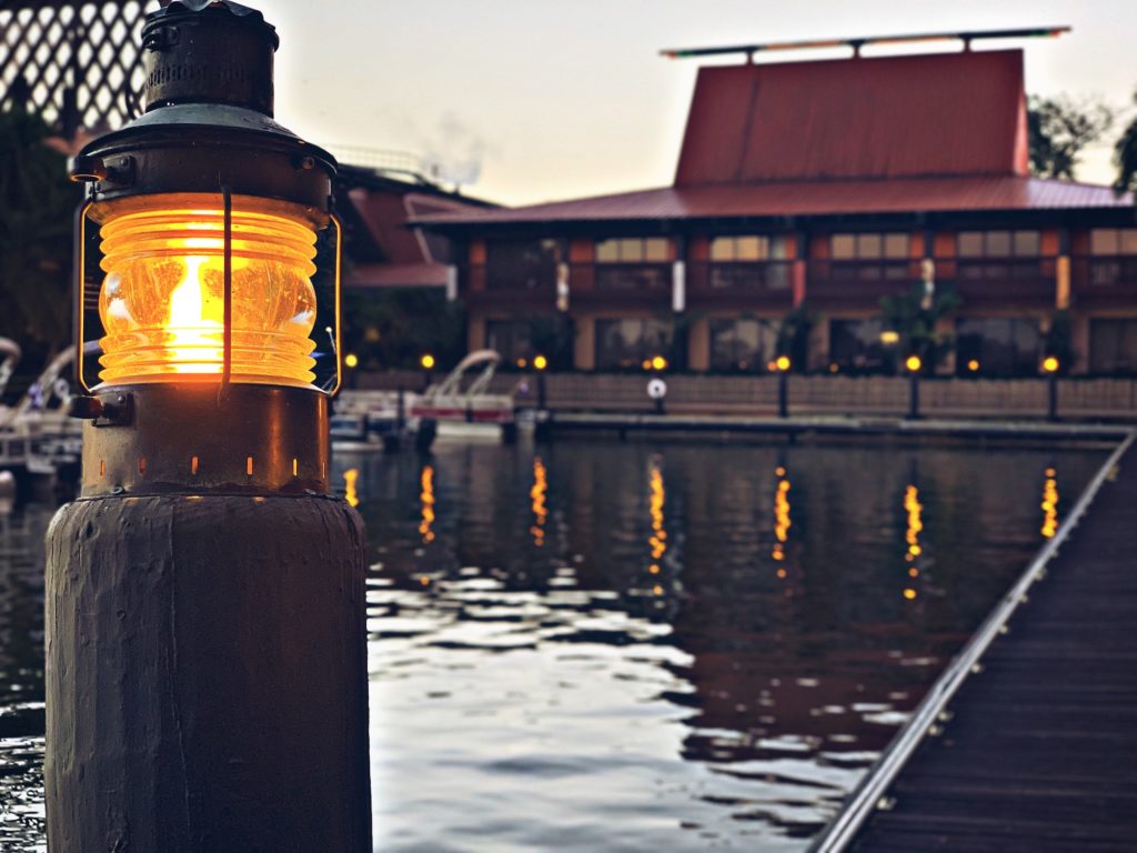 Disney DVC Polynesian water bungalows lantern at dusk